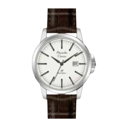  Alexandre Christie ALCW1008MDLSSSL White Dial Silver Case Leather Strap Analog Men Watch